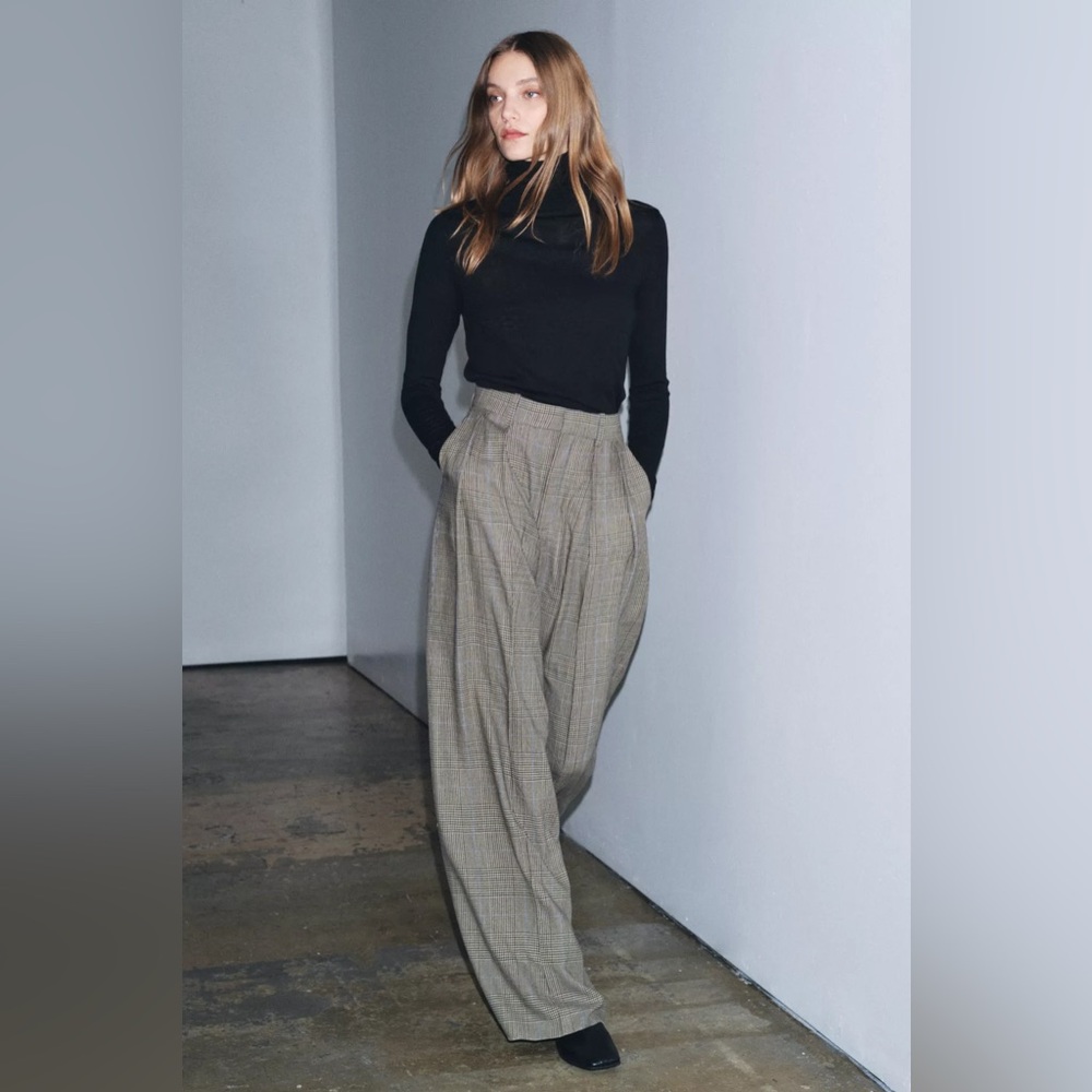 Zara ZW COLLECTION PLAID PLEATED WIDE LEG PANTS